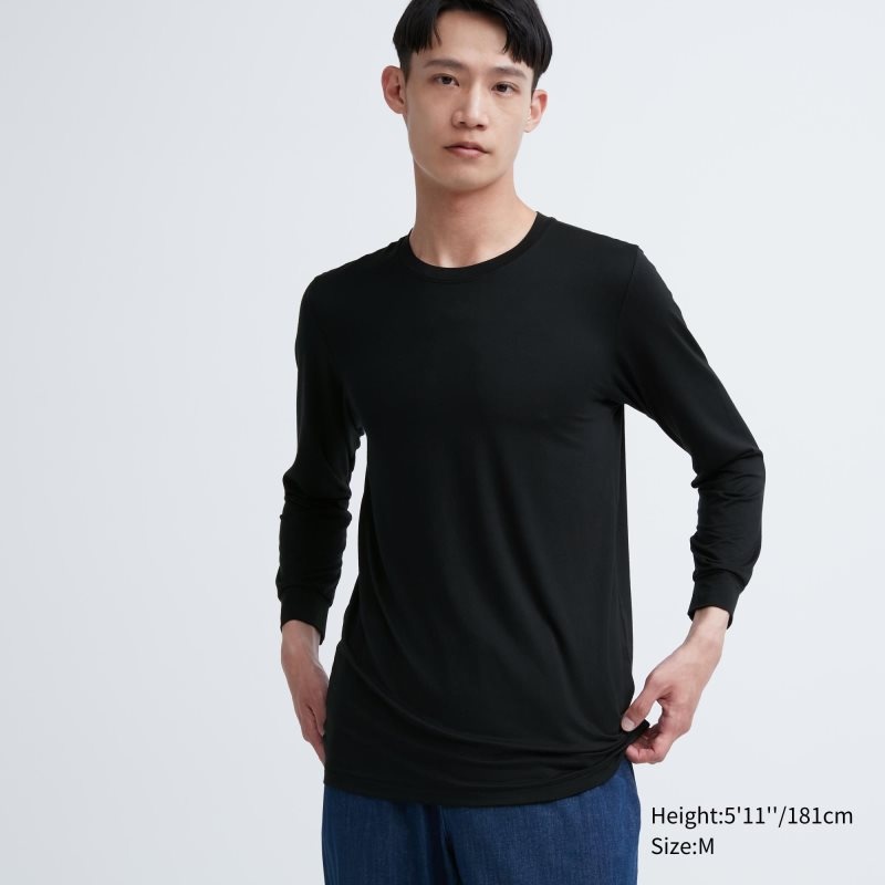 Men Uniqlo Heattech Crew Neck Long-sleeve T Shirts Black | 2360267