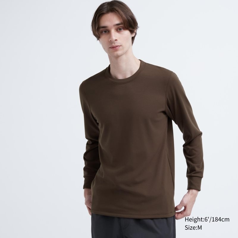 Men Uniqlo Heattech Ultra Warm Crew Neck T Shirts Brown | 7013788