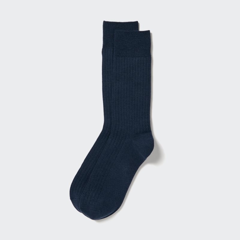 Men Uniqlo Heattech Wide Ribbed Socks Navy | 3287269