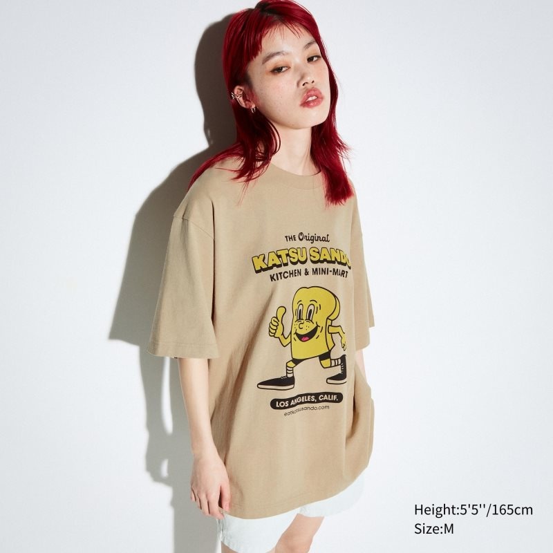 Men Uniqlo L.A. Eats Ut Oversized Short-sleeve Graphic Katsu Sando T Shirts Beige | 3567862