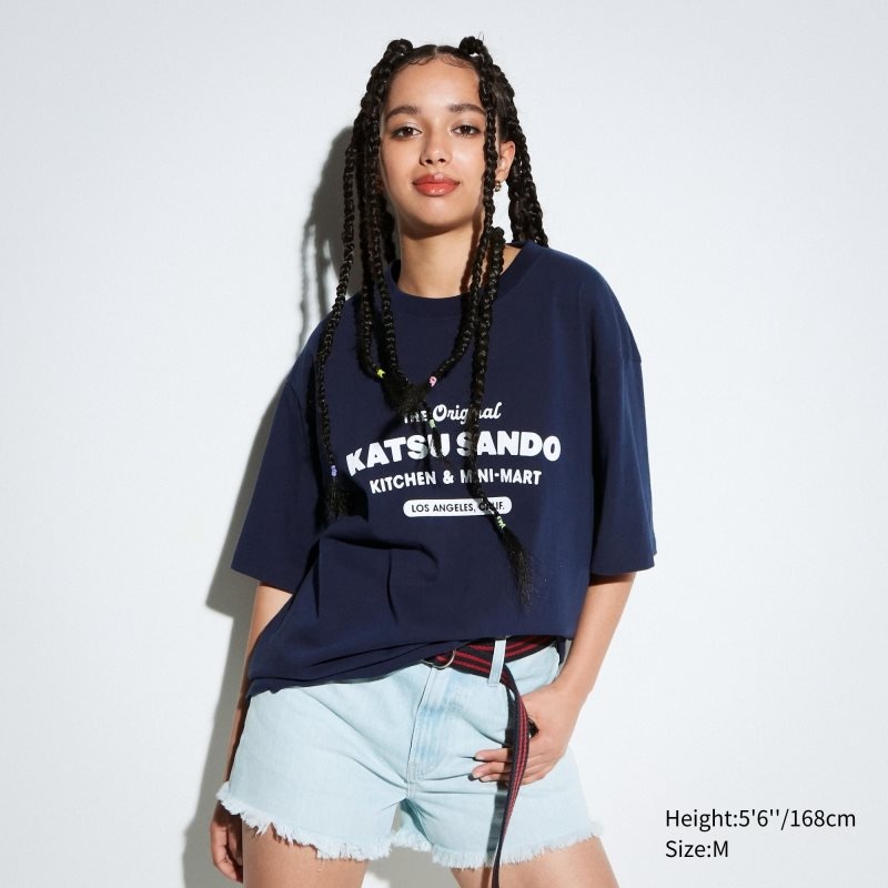 Men Uniqlo L.A. Eats Ut Oversized Short-sleeve Graphic Katsu Sando T Shirts Navy | 9424353