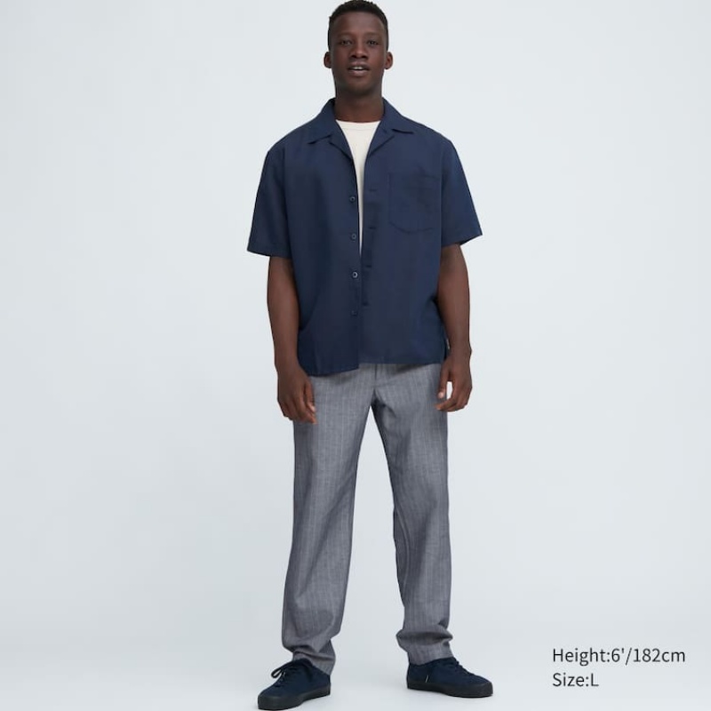Men Uniqlo Linen Blend Striped Relaxed Fit Pants Blue | 5732392