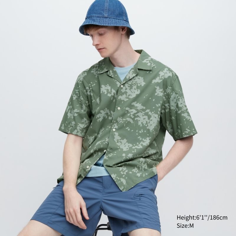 Men Uniqlo Open Collar Short-sleeve Shirts Green | 2235078