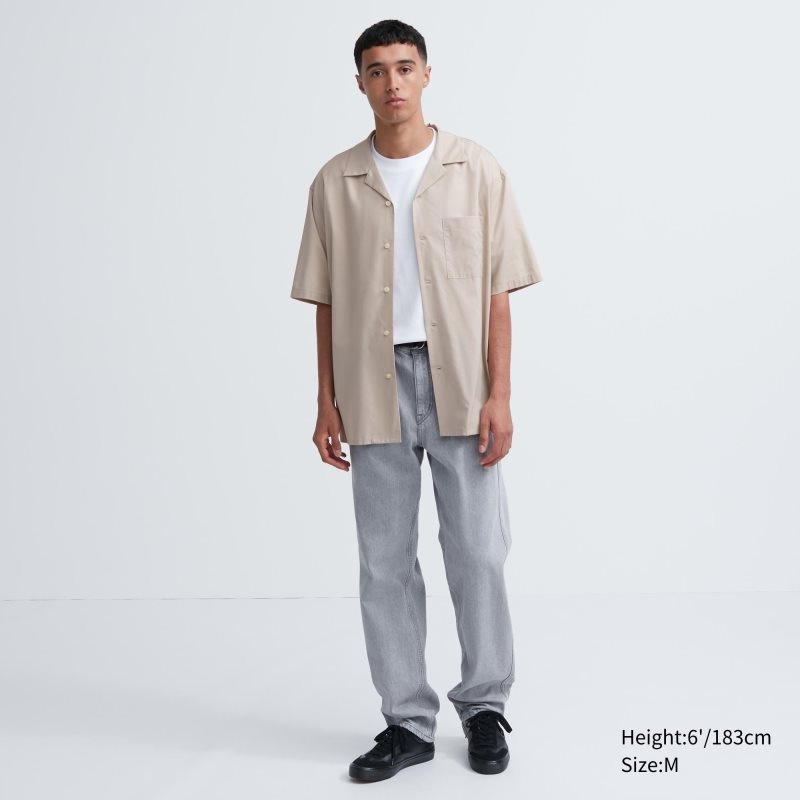 Men Uniqlo Open Collar Short-sleeve Shirts Beige | 2875613