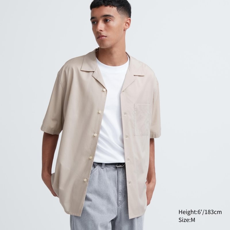 Men Uniqlo Open Collar Short-sleeve Shirts Beige | 2875613