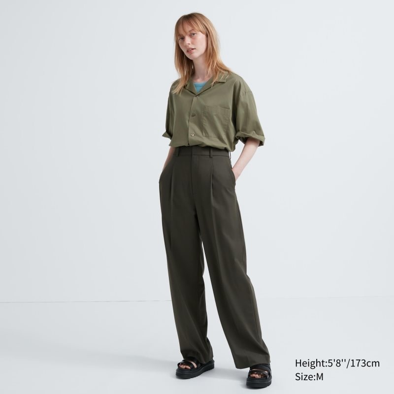 Men Uniqlo Open Collar Short-sleeve Shirts Olive | 9390904