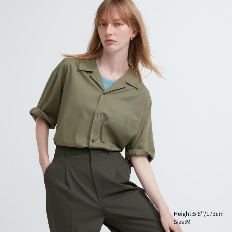 Men Uniqlo Open Collar Short-sleeve Shirts Olive | 9390904