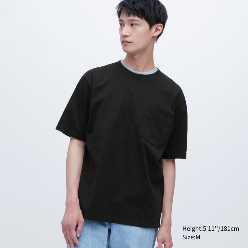 Men Uniqlo Oversized Pocket Crew Neck Half-sleeve T Shirts Black | 3075771
