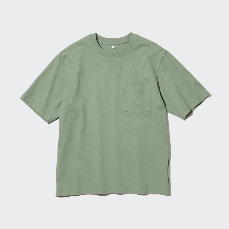 Men Uniqlo Oversized Pocket Crew Neck Half-sleeve T Shirts Green | 2687656