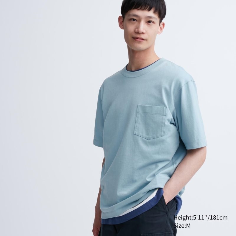 Men Uniqlo Oversized Pocket Crew Neck Half-sleeve T Shirts Blue | 9504070