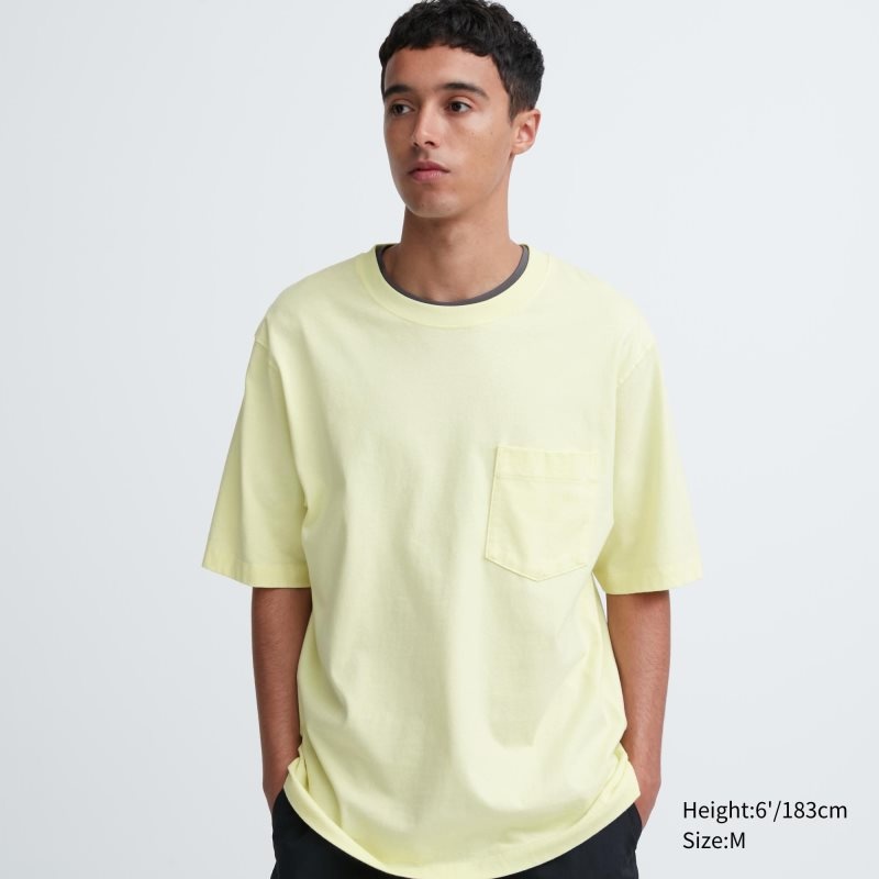 Men Uniqlo Oversized Pocket Crew Neck Half-sleeve T Shirts Yellow | 8176046