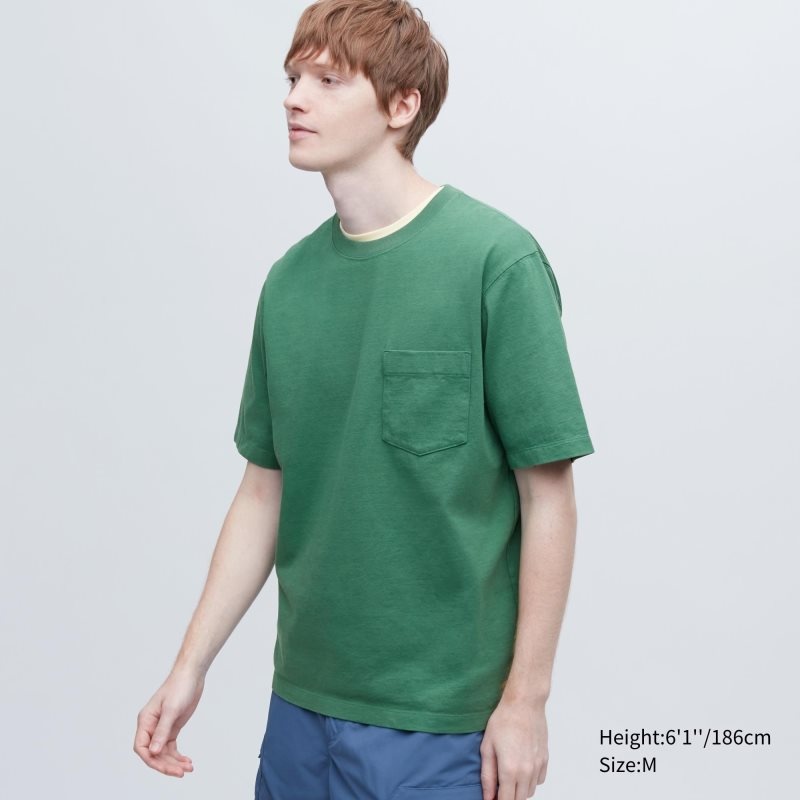 Men Uniqlo Oversized Pocket Crew Neck Half-sleeve T Shirts Green | 4200942