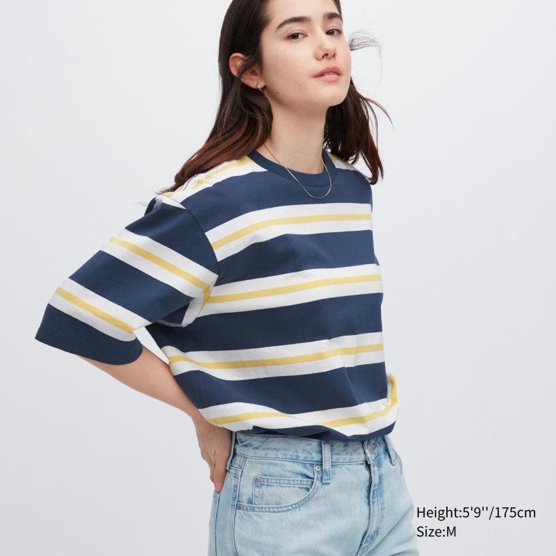 Men Uniqlo Oversized Striped Half-sleeve T Shirts Blue | 7876165