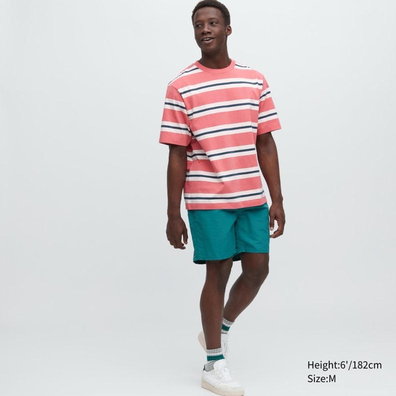 Men Uniqlo Oversized Striped Half-sleeve T Shirts Pink | 7025133