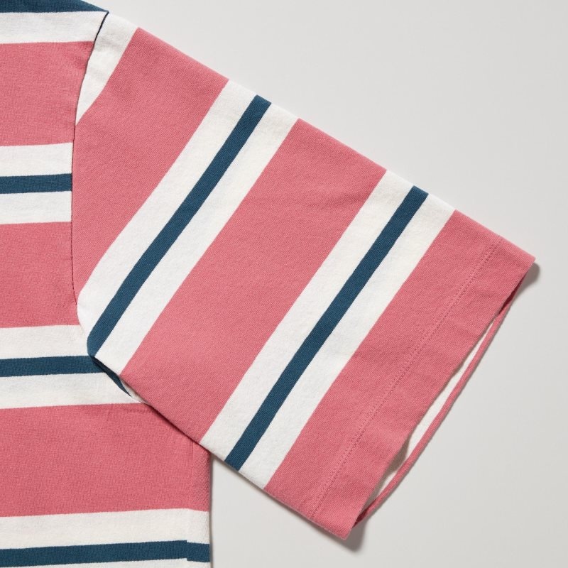 Men Uniqlo Oversized Striped Half-sleeve T Shirts Pink | 7025133
