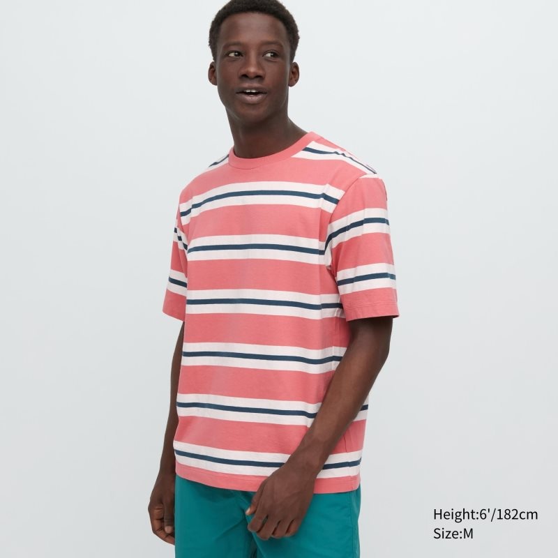 Men Uniqlo Oversized Striped Half-sleeve T Shirts Pink | 7025133