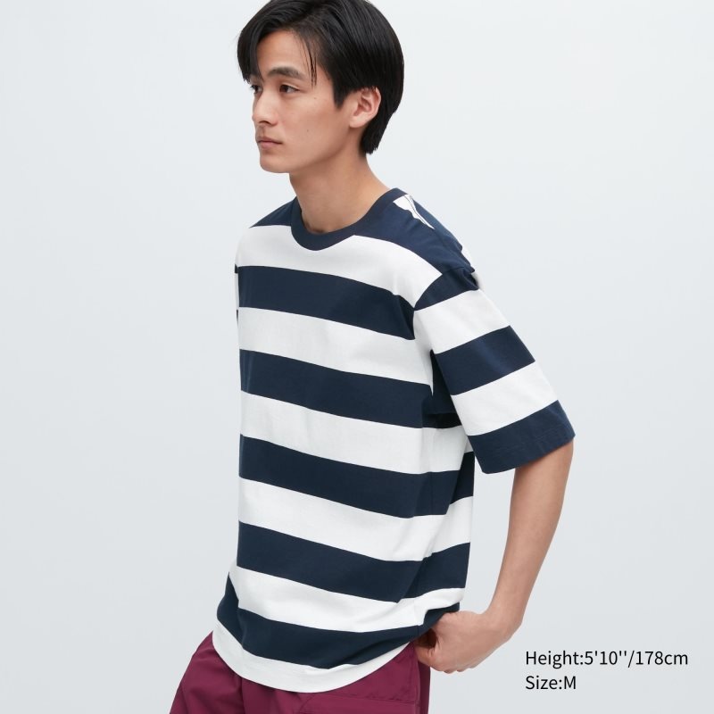 Men Uniqlo Oversized Striped Half-sleeve T Shirts Navy | 9559405