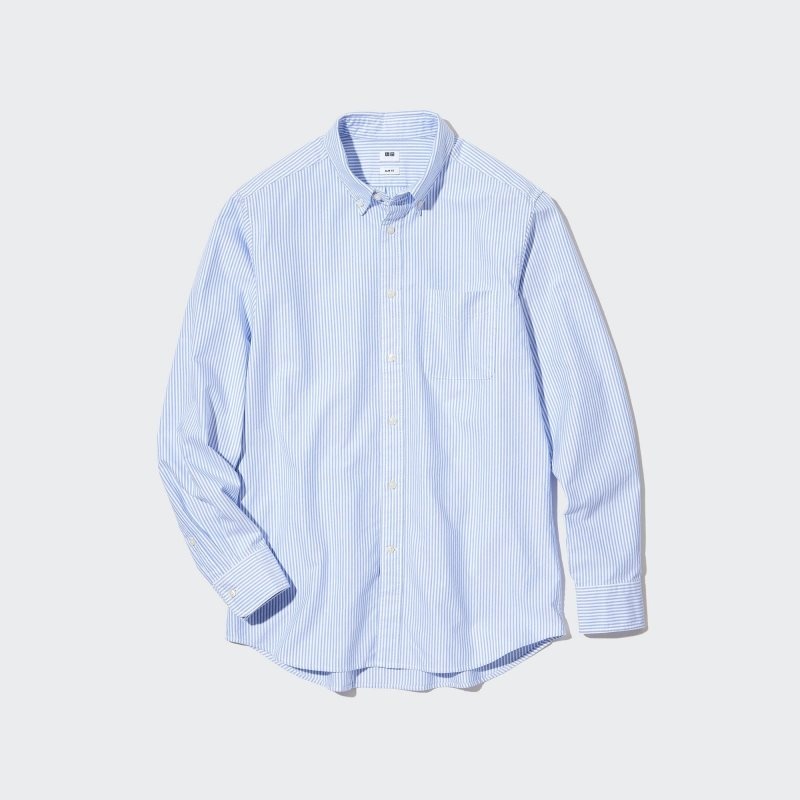 Men Uniqlo Oxford Striped Slim-fit Long-sleeve Shirts Blue | 6976012