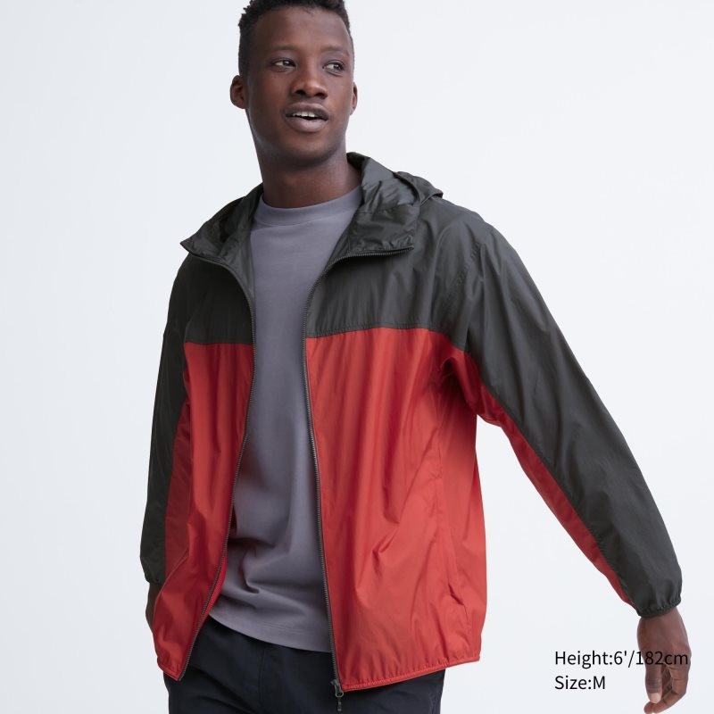 Men Uniqlo Pocketable Uv Protection 3d Cut Color Block Parka Red | 4114964