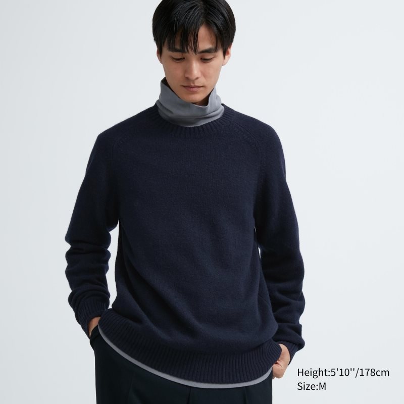 Men Uniqlo Premium Lambswool Crew Neck Long Sleeve Sweaters Navy | 4381818