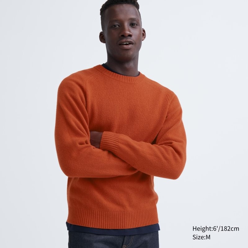 Men Uniqlo Premium Lambswool Crew Neck Long Sleeve Sweaters Orange | 69383