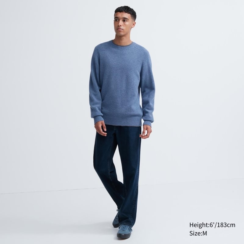 Men Uniqlo Premium Lambswool Crew Neck Long Sleeve Sweaters Blue | 9627613