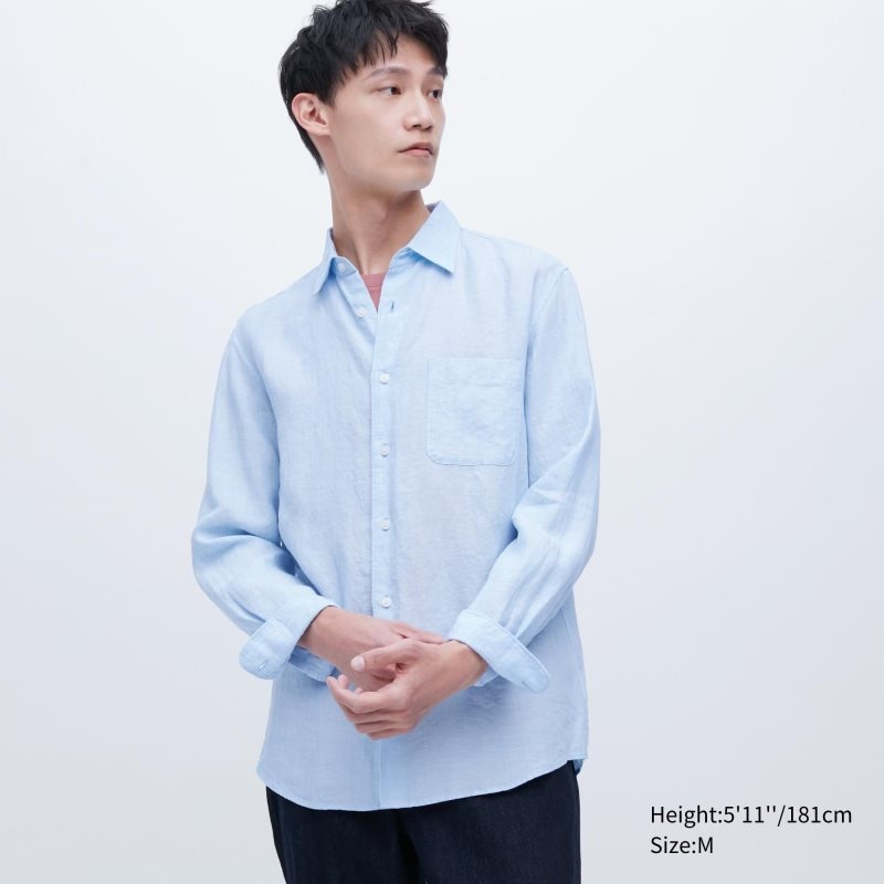 Men Uniqlo Premium Linen Long-sleeve Shirts Blue | 7279771