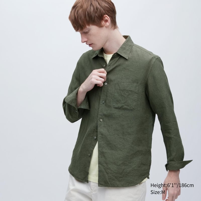 Men Uniqlo Premium Linen Long-sleeve Shirts Olive | 6894578