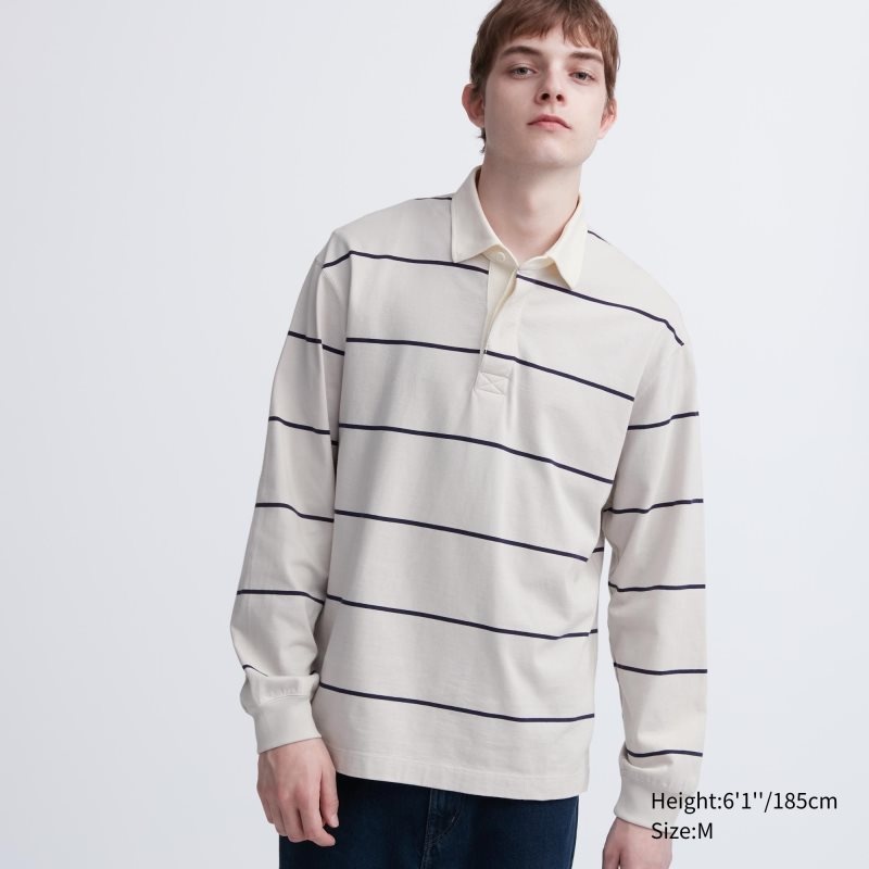 Men Uniqlo Rugger Long-sleeve Polo Shirts Beige | 9720191