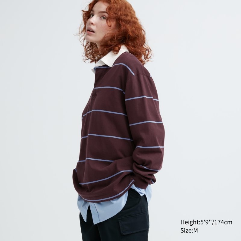 Men Uniqlo Rugger Long-sleeve Polo Shirts Burgundy | 1764155