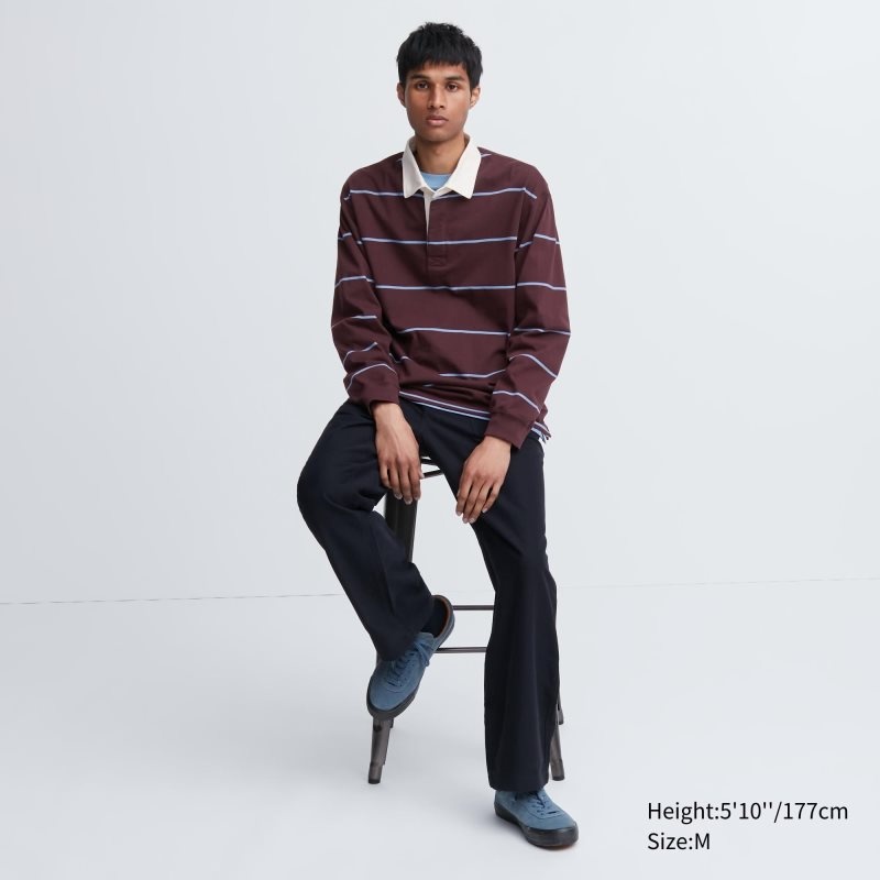 Men Uniqlo Rugger Long-sleeve Polo Shirts Burgundy | 1764155