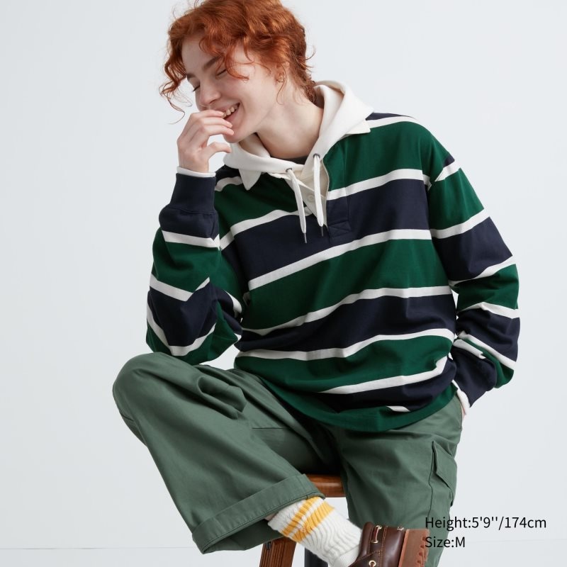 Men Uniqlo Rugger Long-sleeve Polo Shirts Green | 8787866