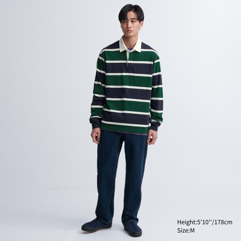 Men Uniqlo Rugger Long-sleeve Polo Shirts Green | 8787866