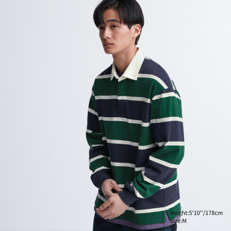 Men Uniqlo Rugger Long-sleeve Polo Shirts Green | 8787866