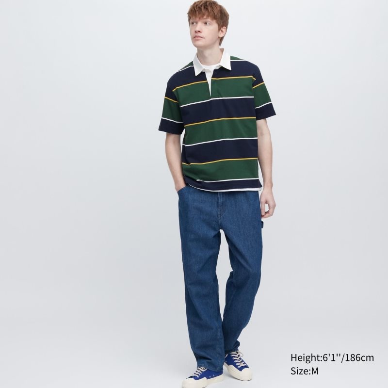 Men Uniqlo Rugger Striped Short Sleeve Polo Shirts Green | 4280322