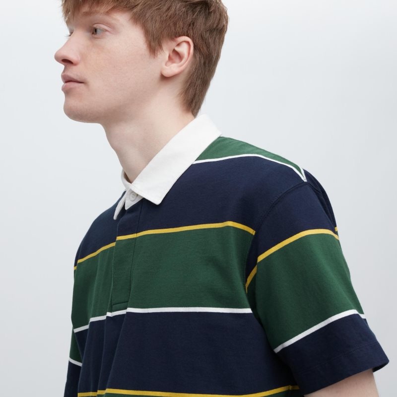 Men Uniqlo Rugger Striped Short Sleeve Polo Shirts Green | 4280322