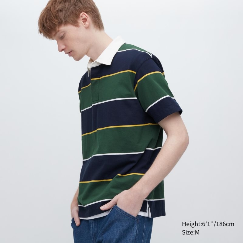 Men Uniqlo Rugger Striped Short Sleeve Polo Shirts Green | 4280322