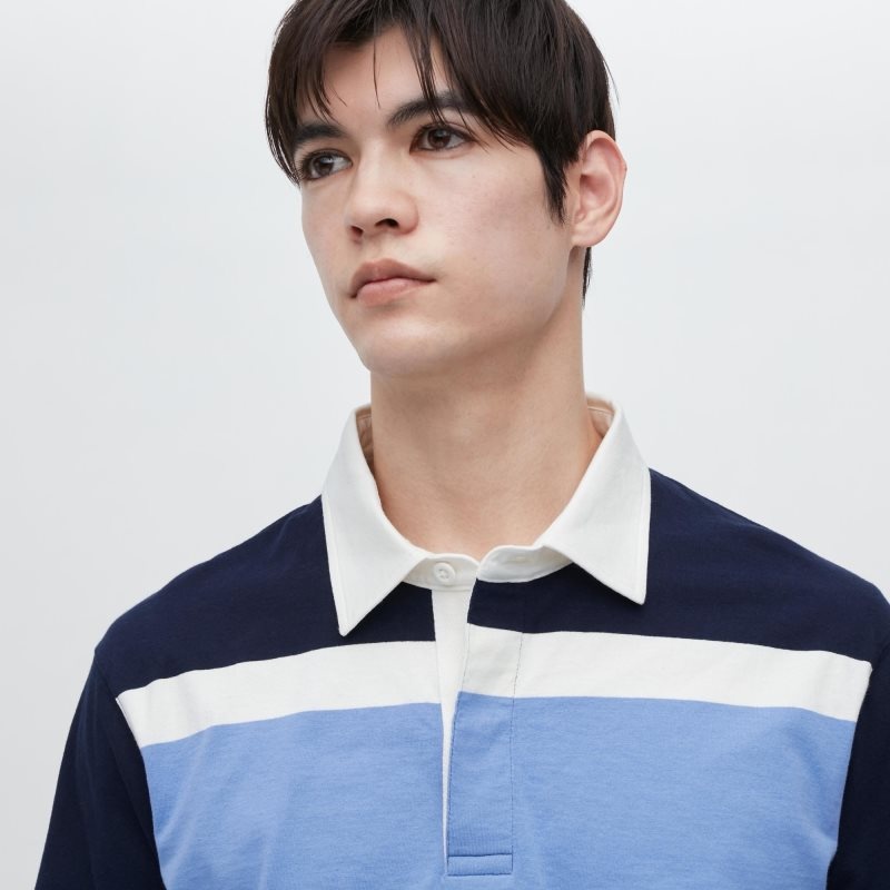 Men Uniqlo Rugger Striped Short-sleeve Polo Shirts Blue | 5990629