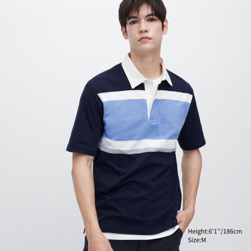 Men Uniqlo Rugger Striped Short-sleeve Polo Shirts Blue | 5990629