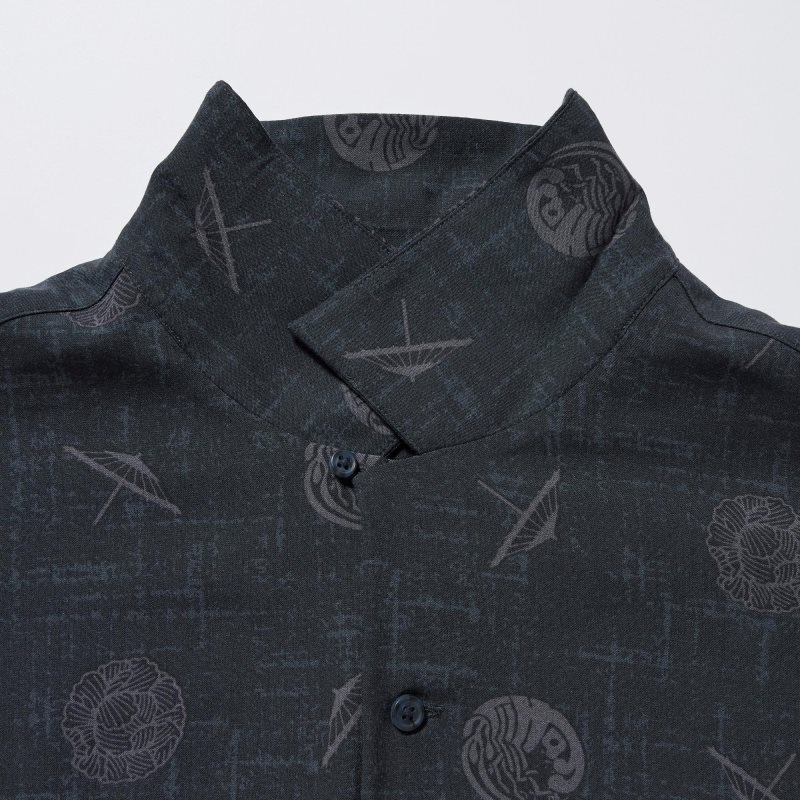 Men Uniqlo Shochiku Kabuki Open Collar Short-sleeve Shirts Black | 4672665