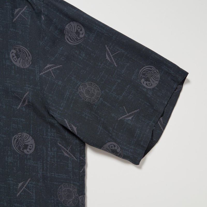 Men Uniqlo Shochiku Kabuki Open Collar Short-sleeve Shirts Black | 4672665