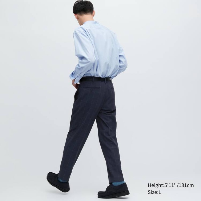 Men Uniqlo Smart Patterned Ankle Length Pants Navy | 8705015