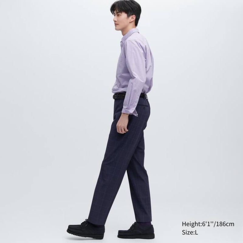 Men Uniqlo Smart Patterned Ankle Length Pants Navy | 7116751