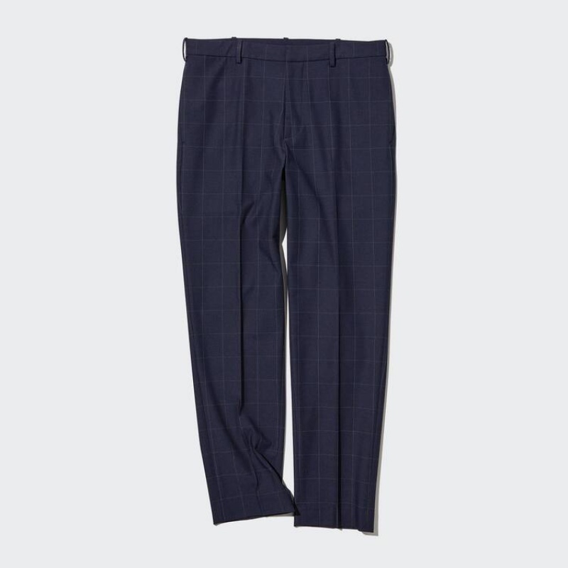 Men Uniqlo Smart Patterned Ankle Length Pants Navy | 7116751