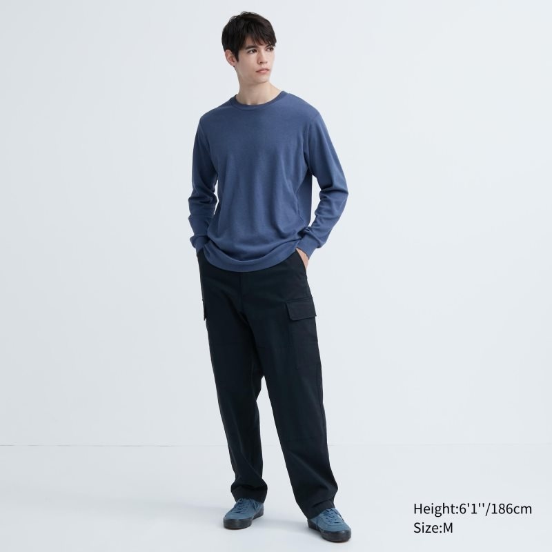 Men Uniqlo Soft Brushed Crew Neck Long-sleeve T Shirts Navy | 2556185