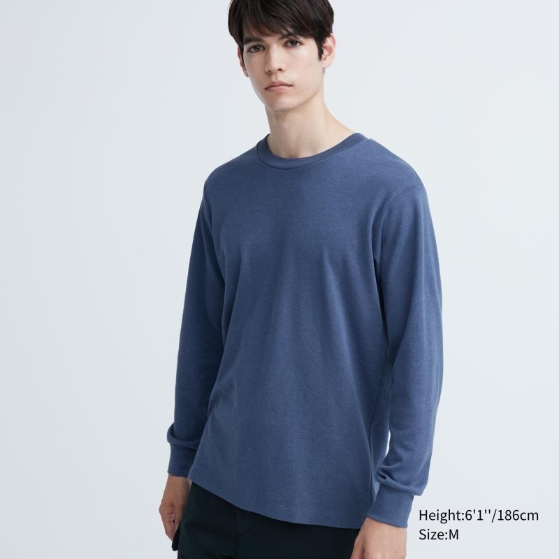 Men Uniqlo Soft Brushed Crew Neck Long-sleeve T Shirts Blue | 202744