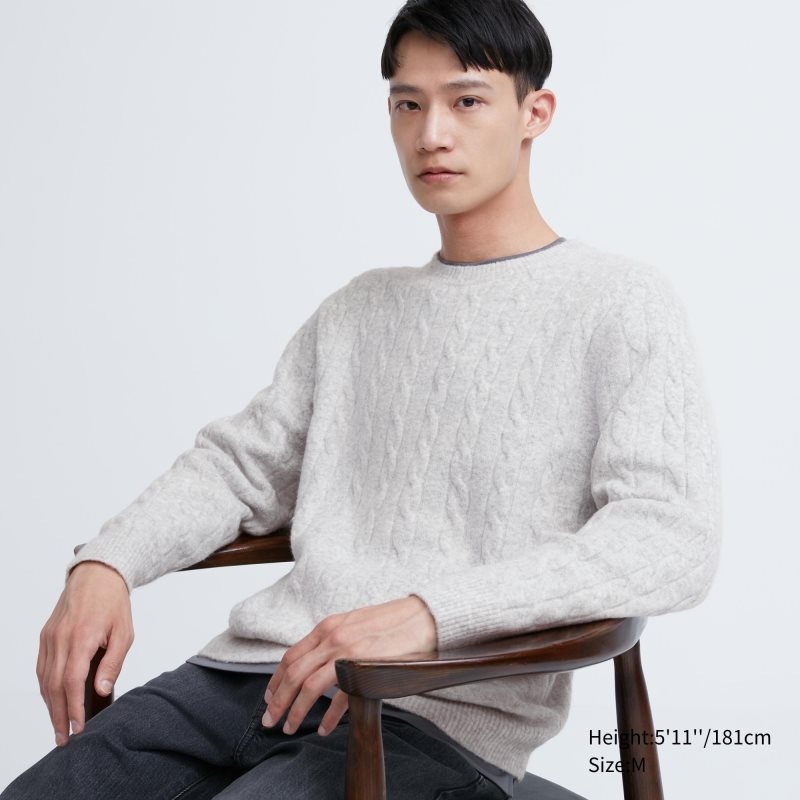Men Uniqlo Souffle Yarn Cable Crew Neck Sweaters White | 7572180