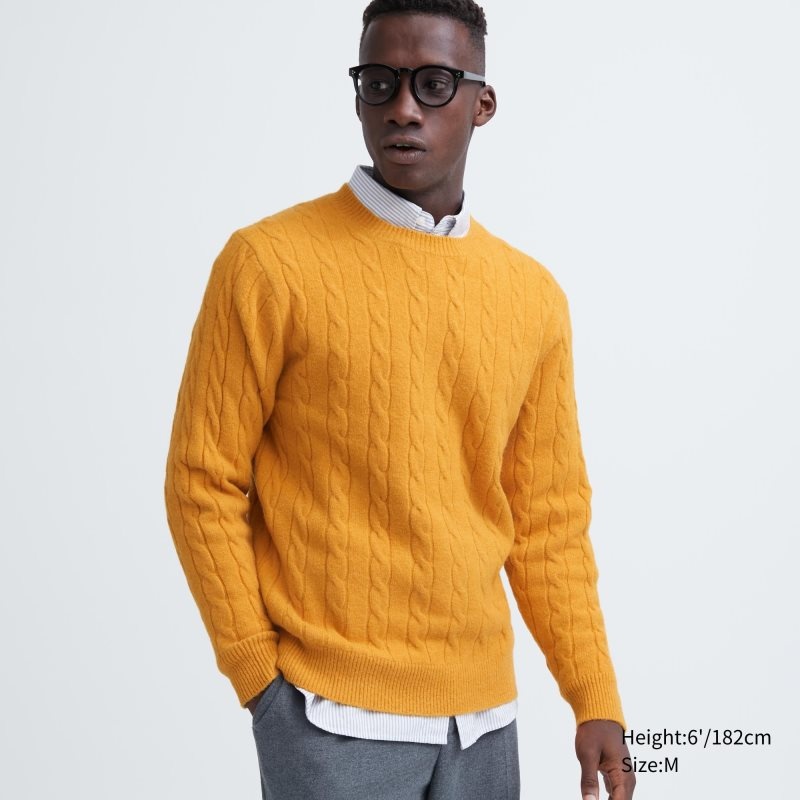 Men Uniqlo Souffle Yarn Cable Crew Neck Sweaters Yellow | 9219723