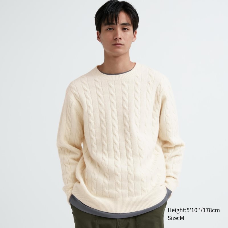 Men Uniqlo Souffle Yarn Cable Crew Neck Sweaters White | 1505863