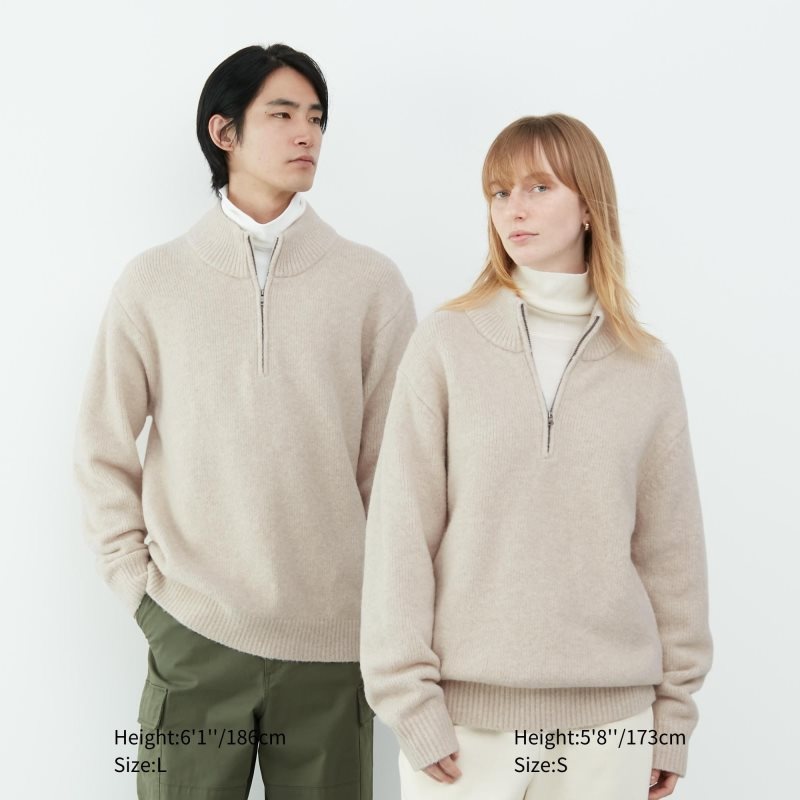 Men Uniqlo Souffle Yarn Long Sleeve Half-zip Sweaters Beige | 2804682